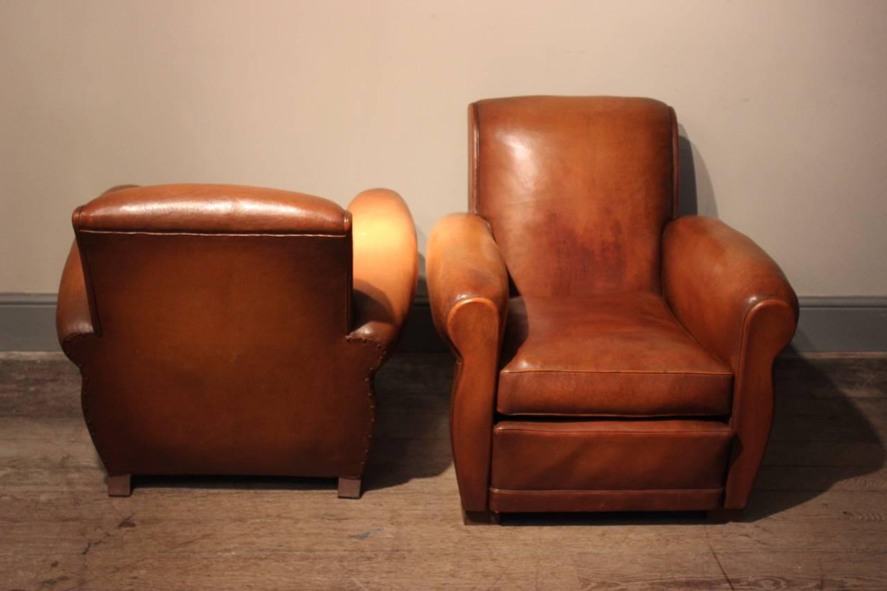 20th Century Classic Pair of 1950s French Leather Club Chairs