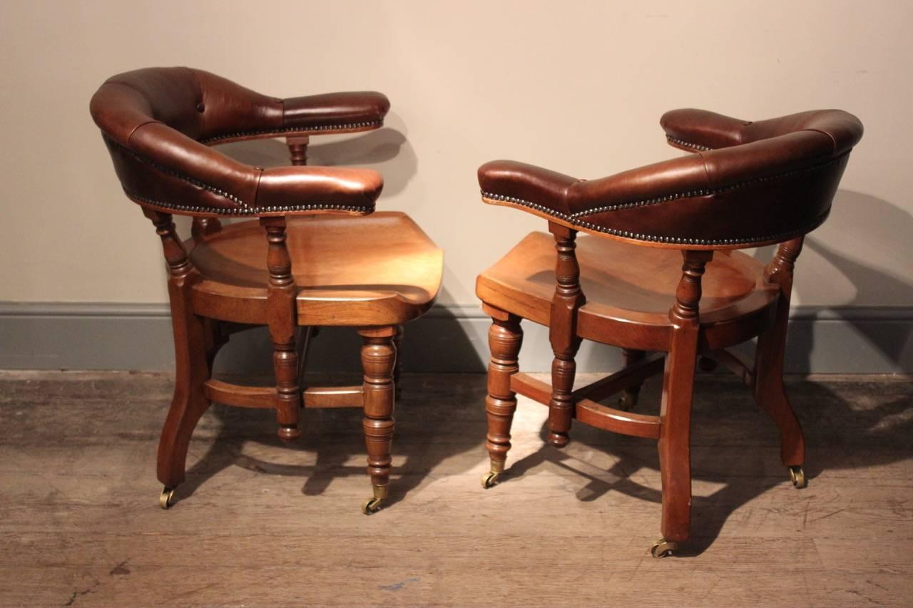 Leather Great Pair of Walnut 'Captain's Chairs', circa 1880