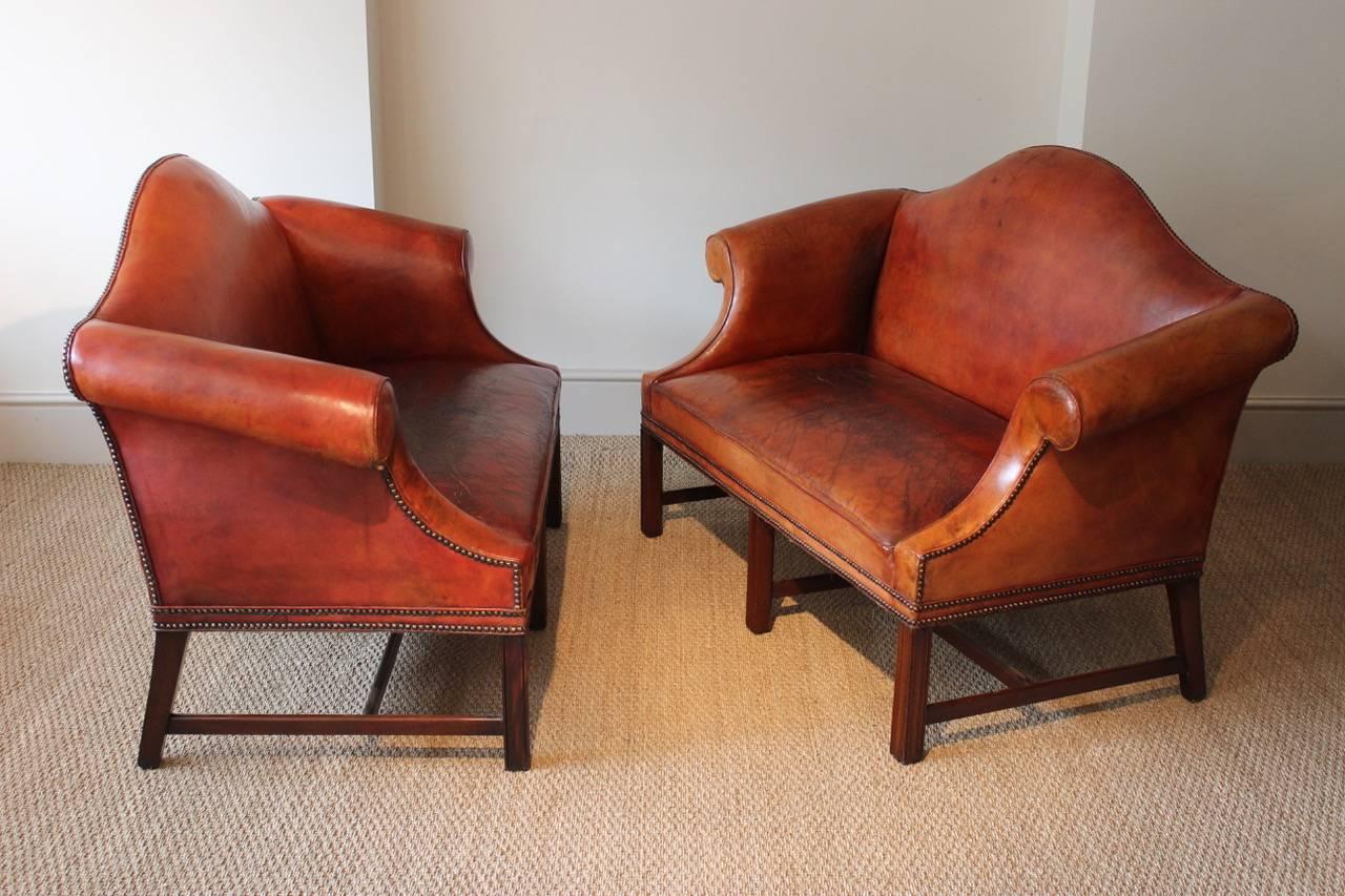 Pair of Early to Mid-20th Century English Humpback Leather Sofas 1