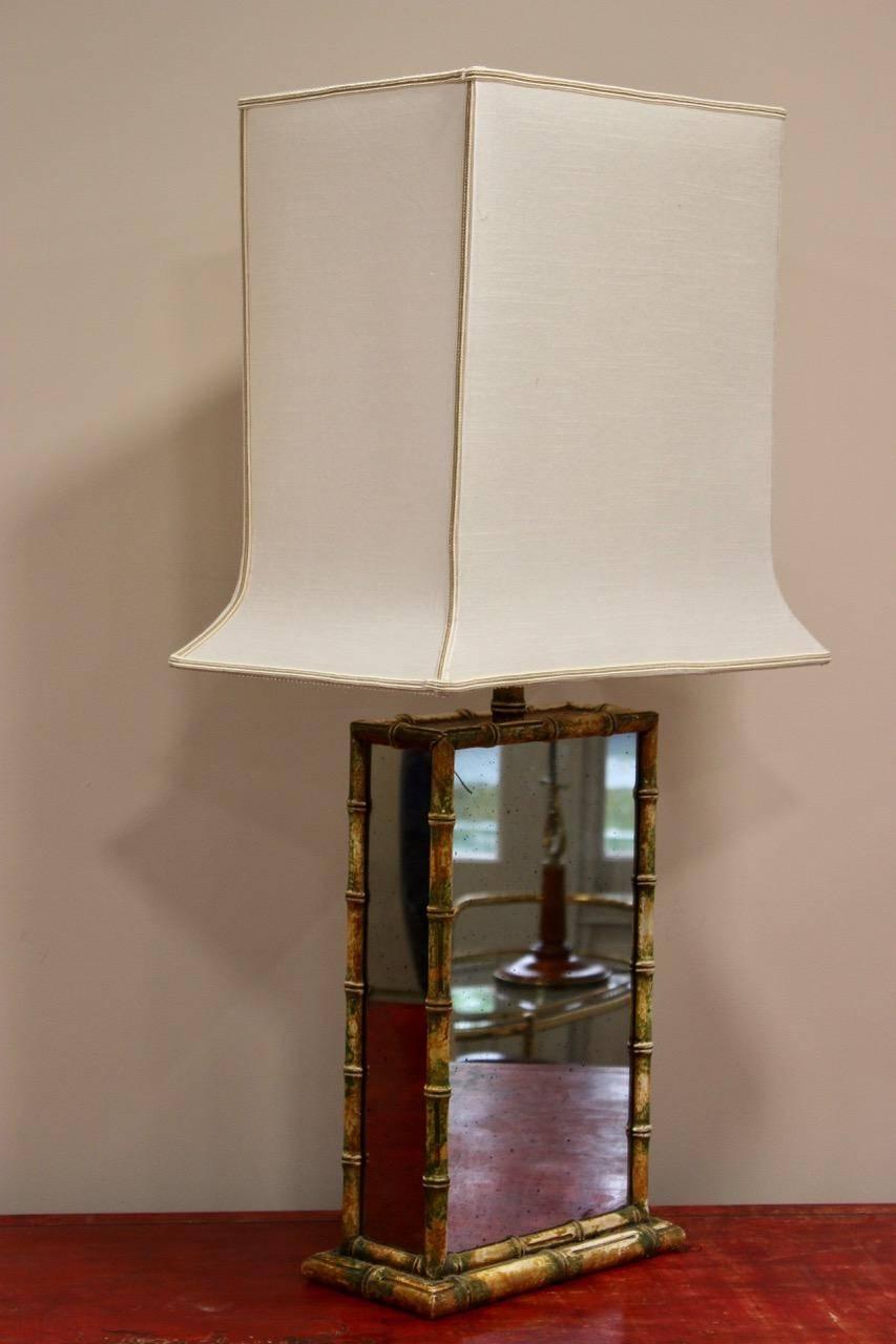 Hand-Painted Unusual Pair of Faux Bamboo and Glass Table Lamps