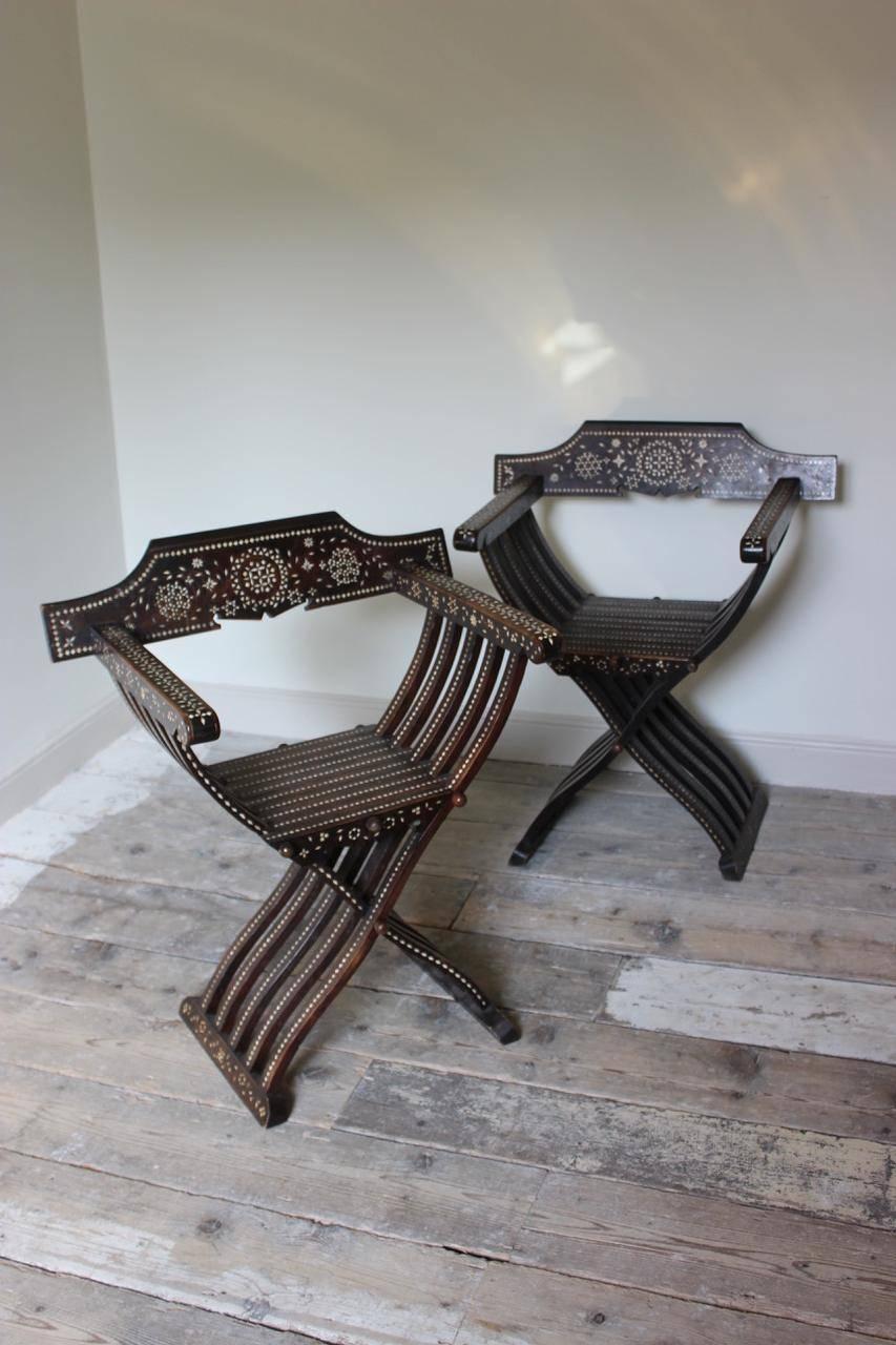 Pair of Late 19th Century Spanish Walnut and Inlaid Armchairs 1