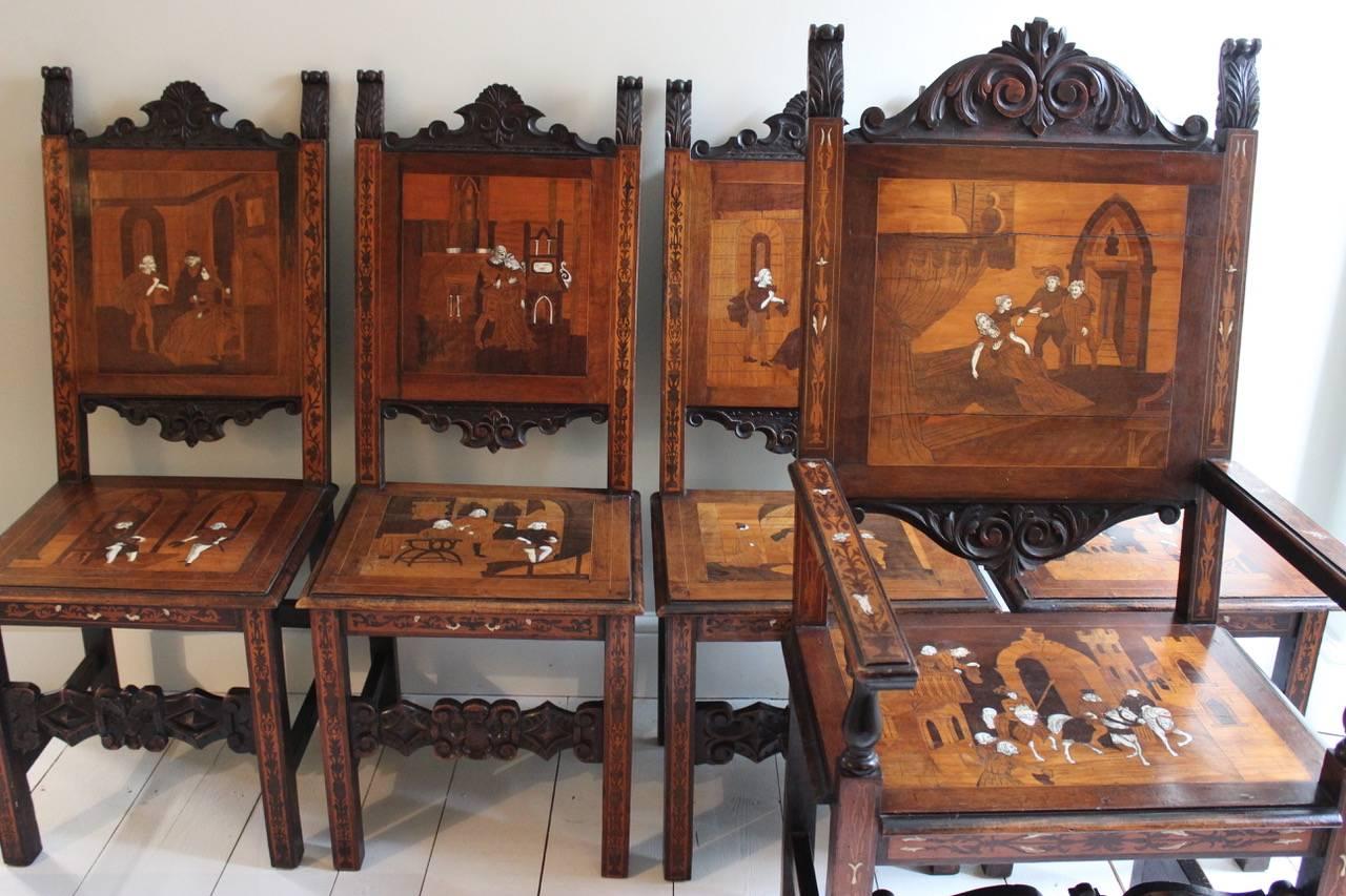 Wood Set of Six Italian 19th Century Marquetry Chairs For Sale