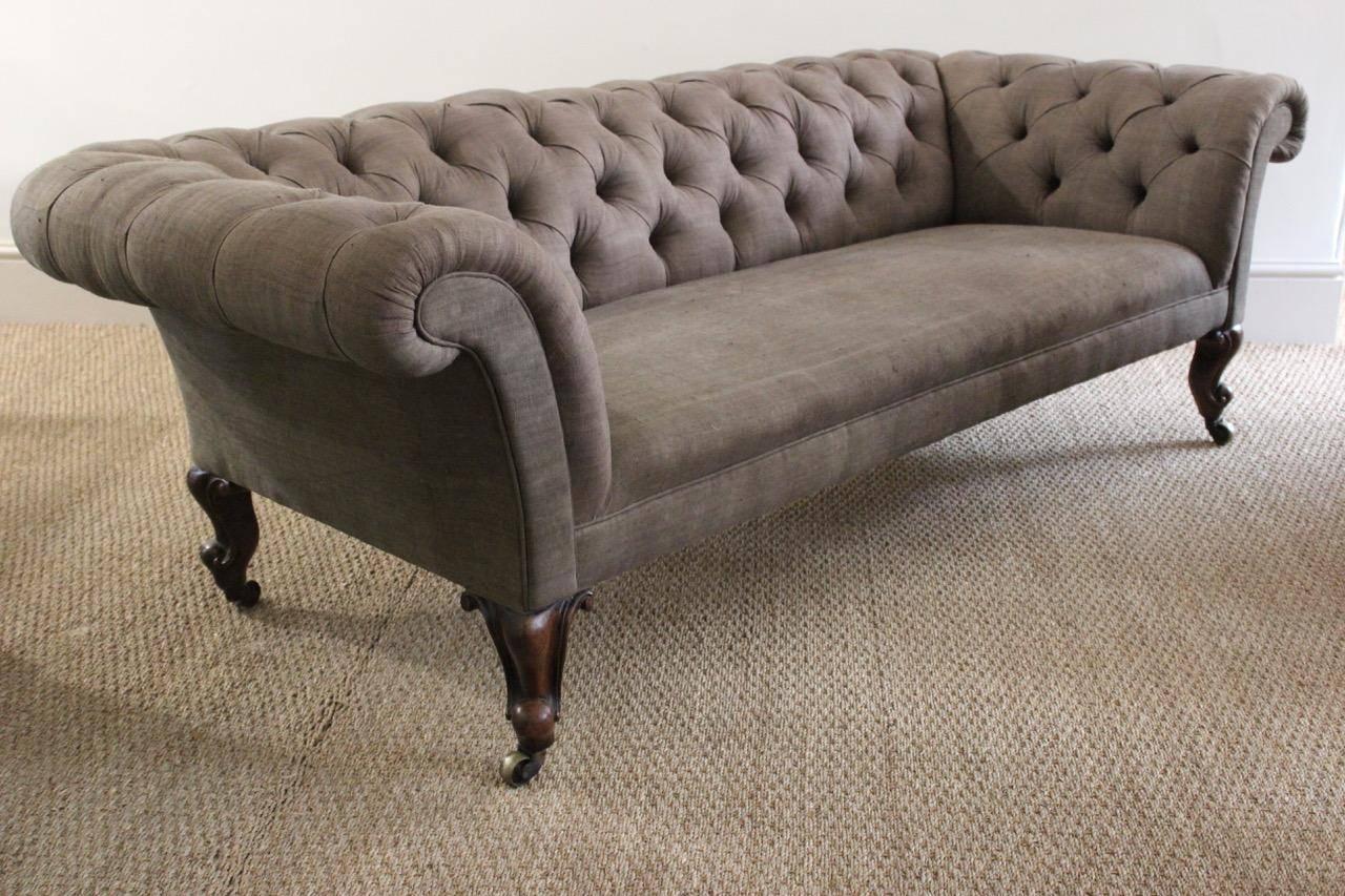 19th Century Country House Mahogany and Linen Chesterfield Sofa 2