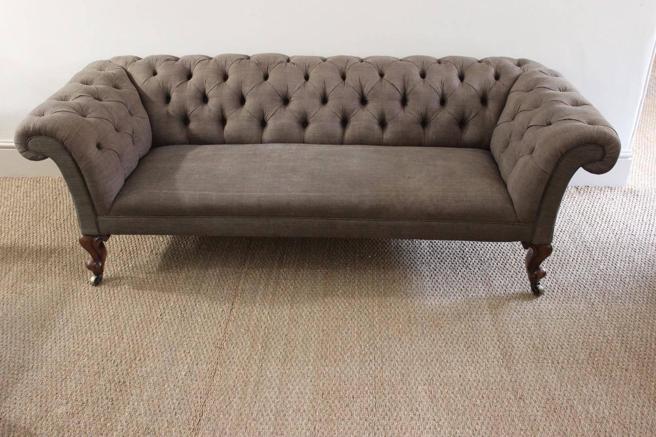 19th Century Country House Mahogany and Linen Chesterfield Sofa 3
