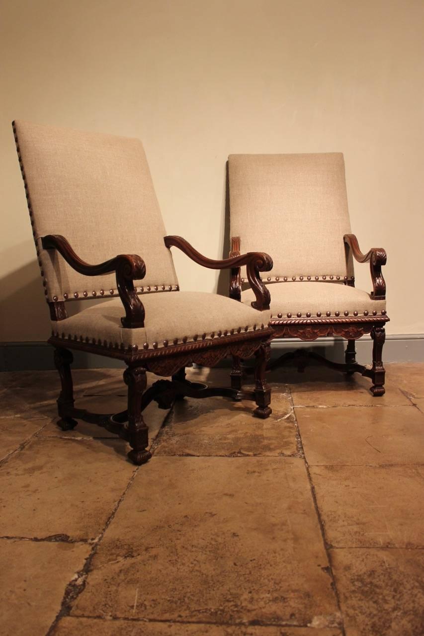 Régence Pair of 19th Century French Carved Walnut Armchairs