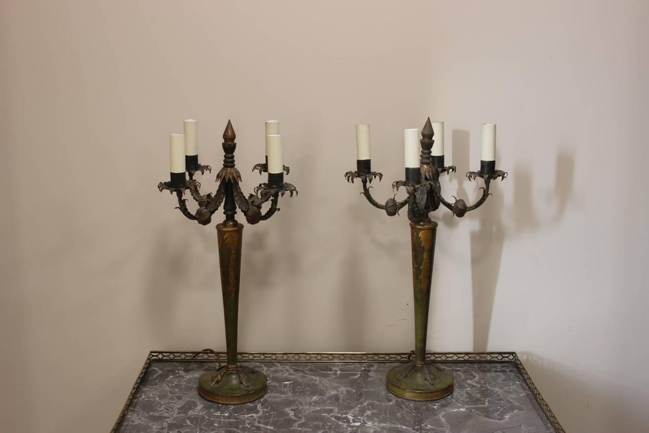 Hand-Painted Pair of 1930s Italian Painted Table Lamps For Sale