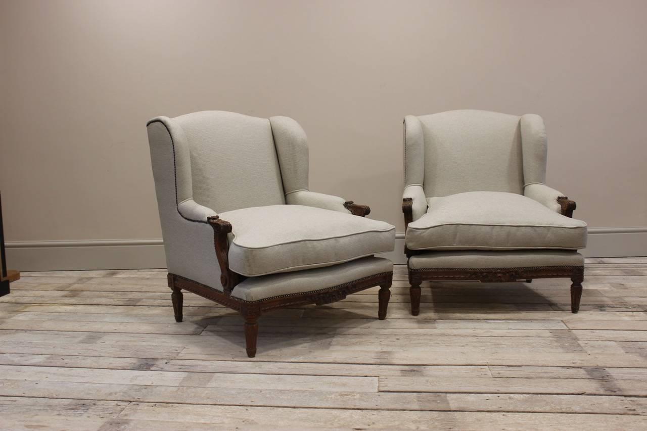 Hand-Carved Pair of Louis XVI Revival Walnut Armchairs