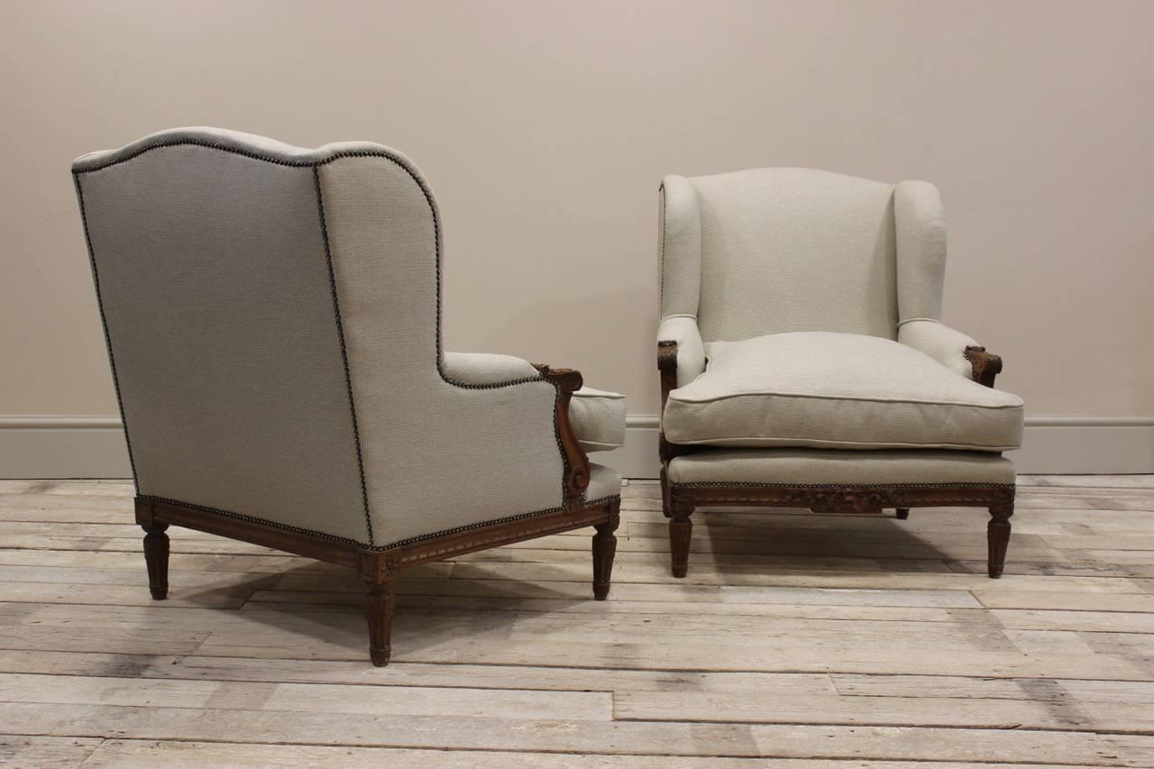 Upholstery Pair of Louis XVI Revival Walnut Armchairs