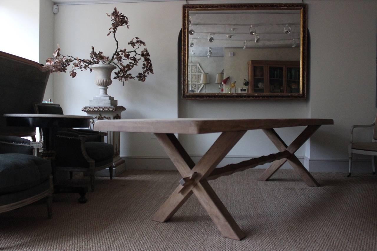 Large 1940s Bleached Oak X-Frame Dining Table 1