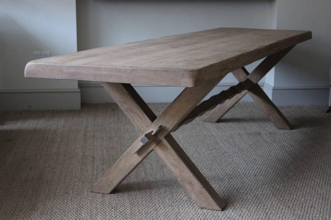 Large 1940s Bleached Oak X-Frame Dining Table In Excellent Condition In Gloucestershire, GB