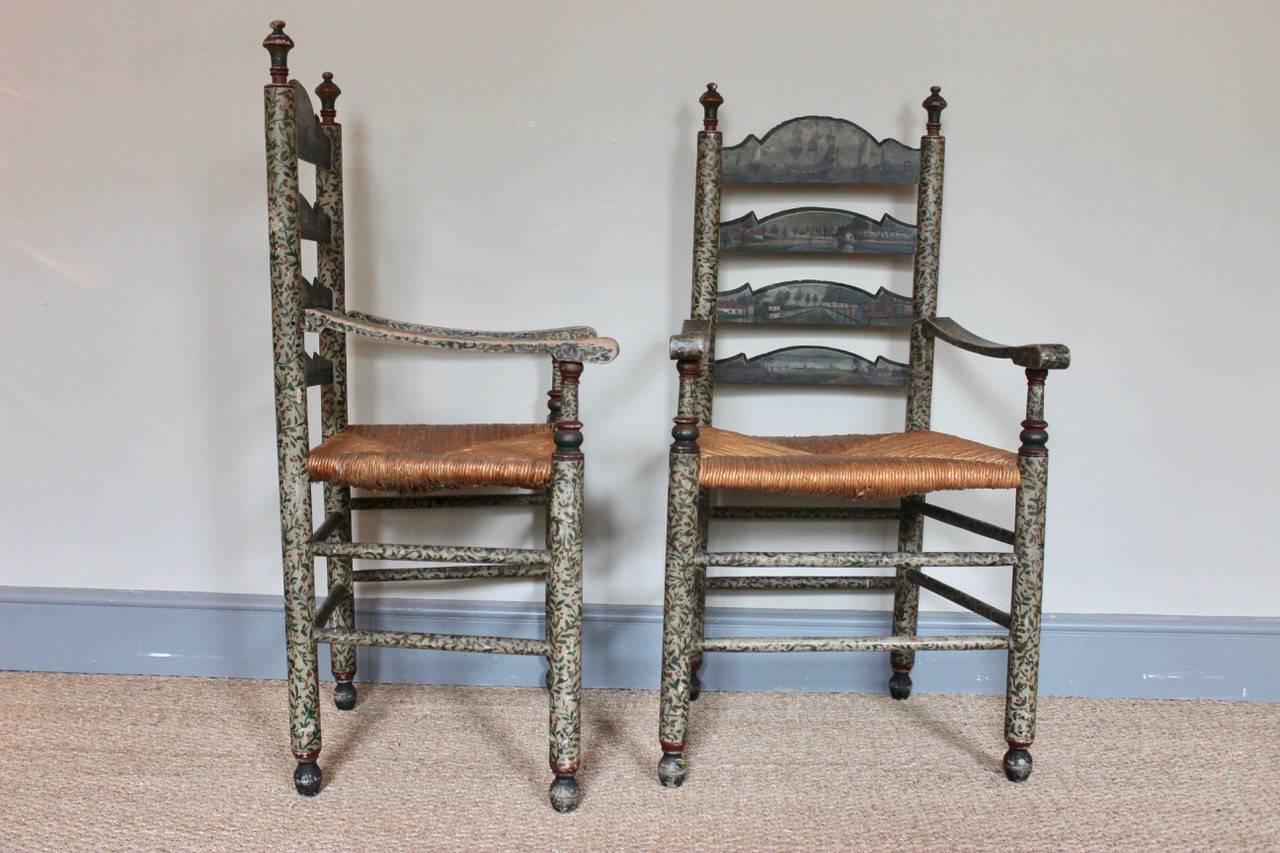Decorative Pair of 19th Century Dutch Painted Armchairs 2
