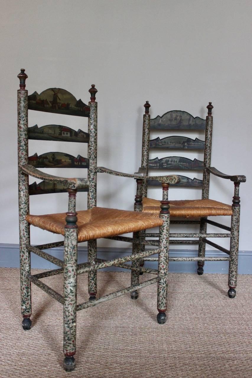 Decorative Pair of 19th Century Dutch Painted Armchairs 1