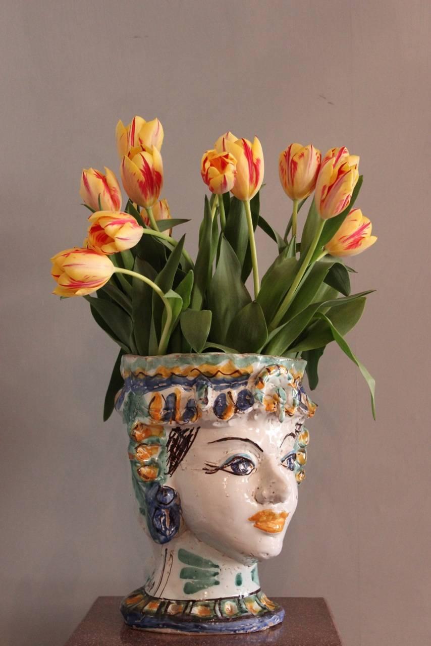 A very charming, early 20th century signed Testa di moro, Sicilian vase. Signed.