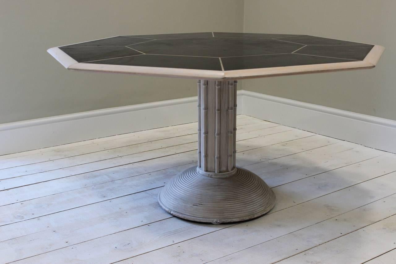 A very stylish, circa 1970s Italian, Hexagonal bleached and ebonized wooed table that will work well as either centre table or as a dining table seating eight people comfortably.
Measurements: 150cm diameter x 73cm high x 70cm high (leg