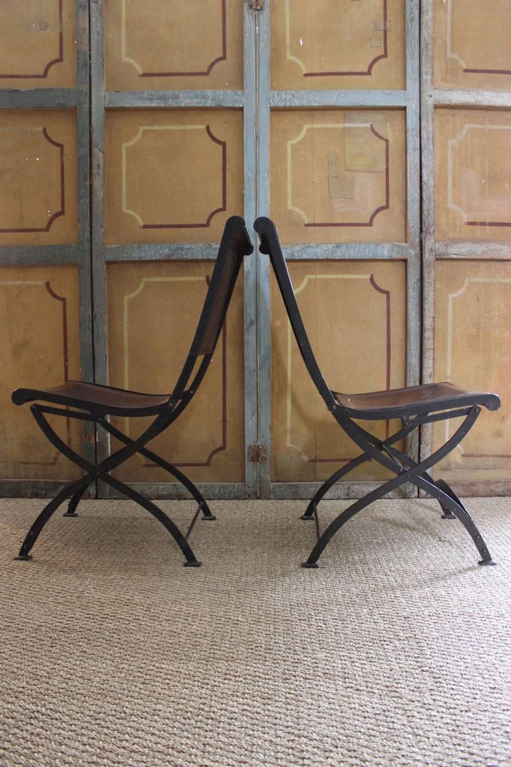 Painted Set of Six Italian Mid-20th Century Leather and Iron Folding Chairs