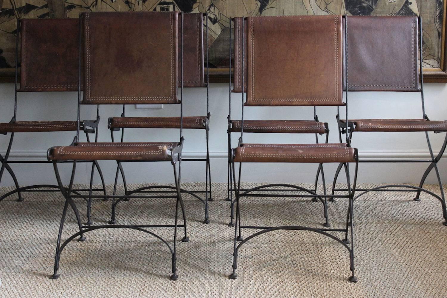 Set of Six Italian Mid-20th Century Leather and Iron Folding Chairs 1