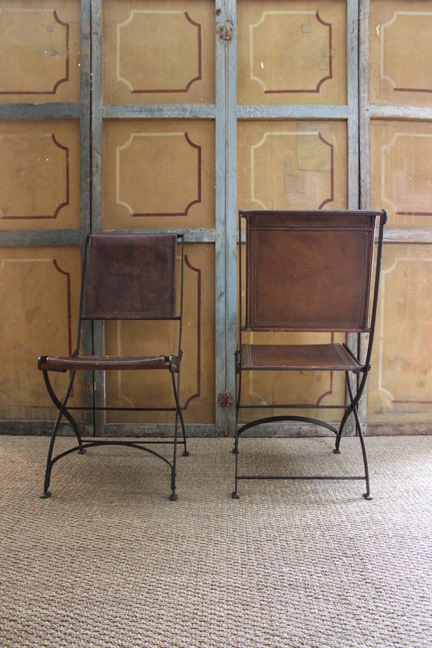 Set of Six Italian Mid-20th Century Leather and Iron Folding Chairs 2