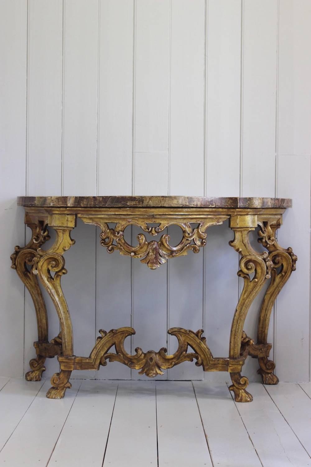 Pair of Italian Rococo Giltwood and Faux Marble Console Tables, 19th Century In Good Condition In Gloucestershire, GB