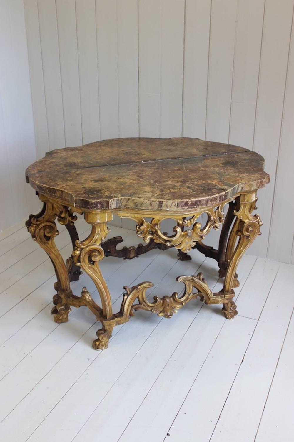 Pair of Italian Rococo Giltwood and Faux Marble Console Tables, 19th Century 1