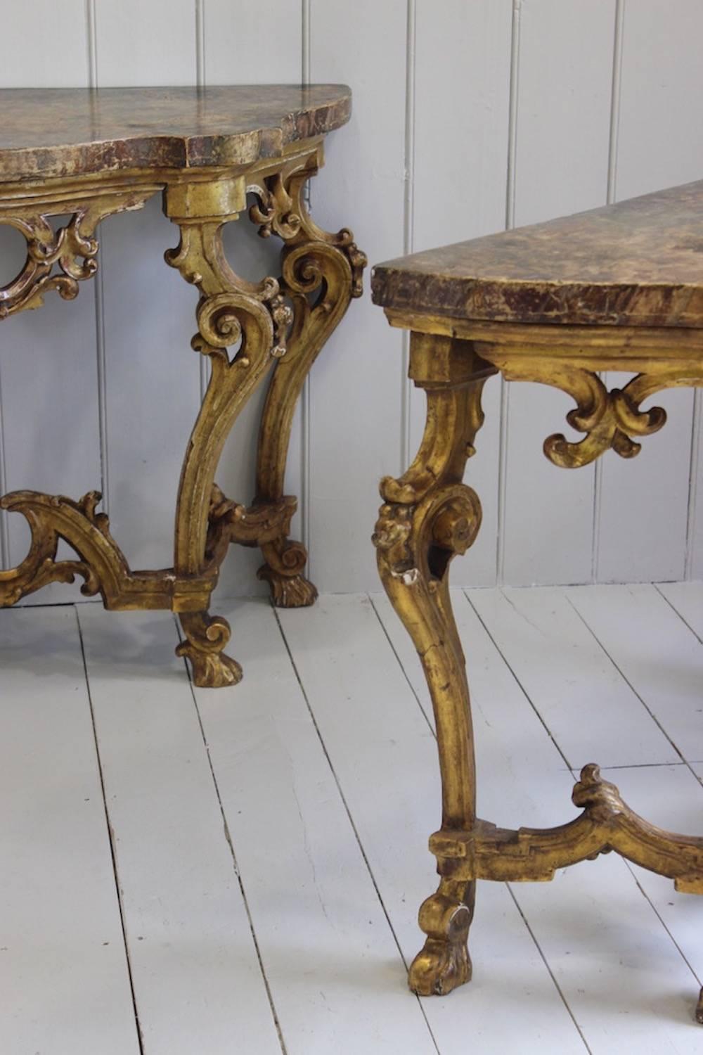 Pair of Italian Rococo Giltwood and Faux Marble Console Tables, 19th Century 2