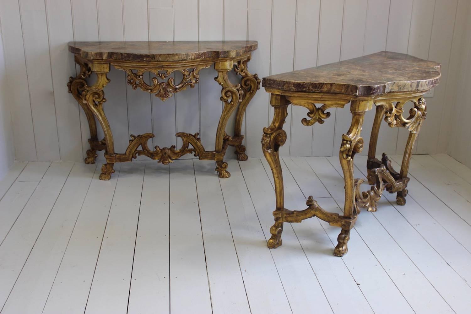 Pair of Italian Rococo Giltwood and Faux Marble Console Tables, 19th Century 3