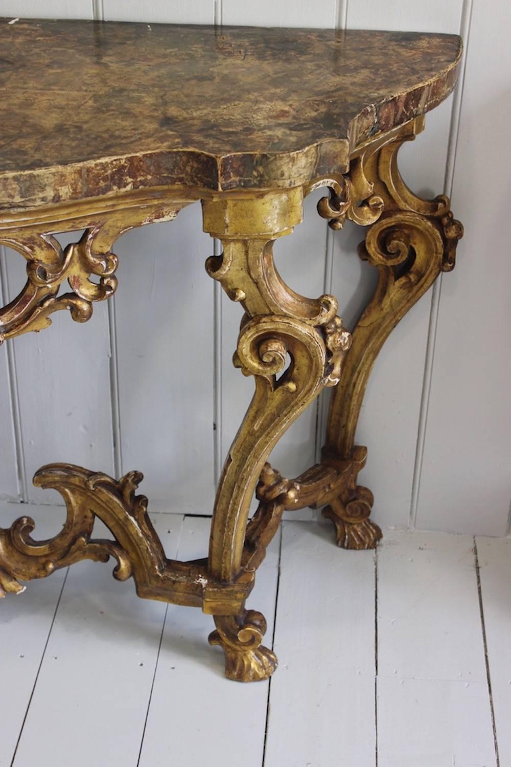 Pair of Italian Rococo Giltwood and Faux Marble Console Tables, 19th Century 4
