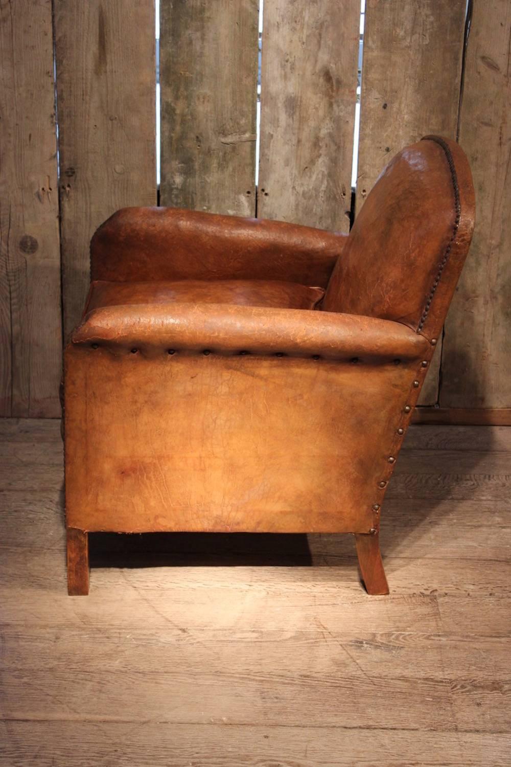Pair of French 1930s Leather Club Armchairs In Fair Condition In Gloucestershire, GB