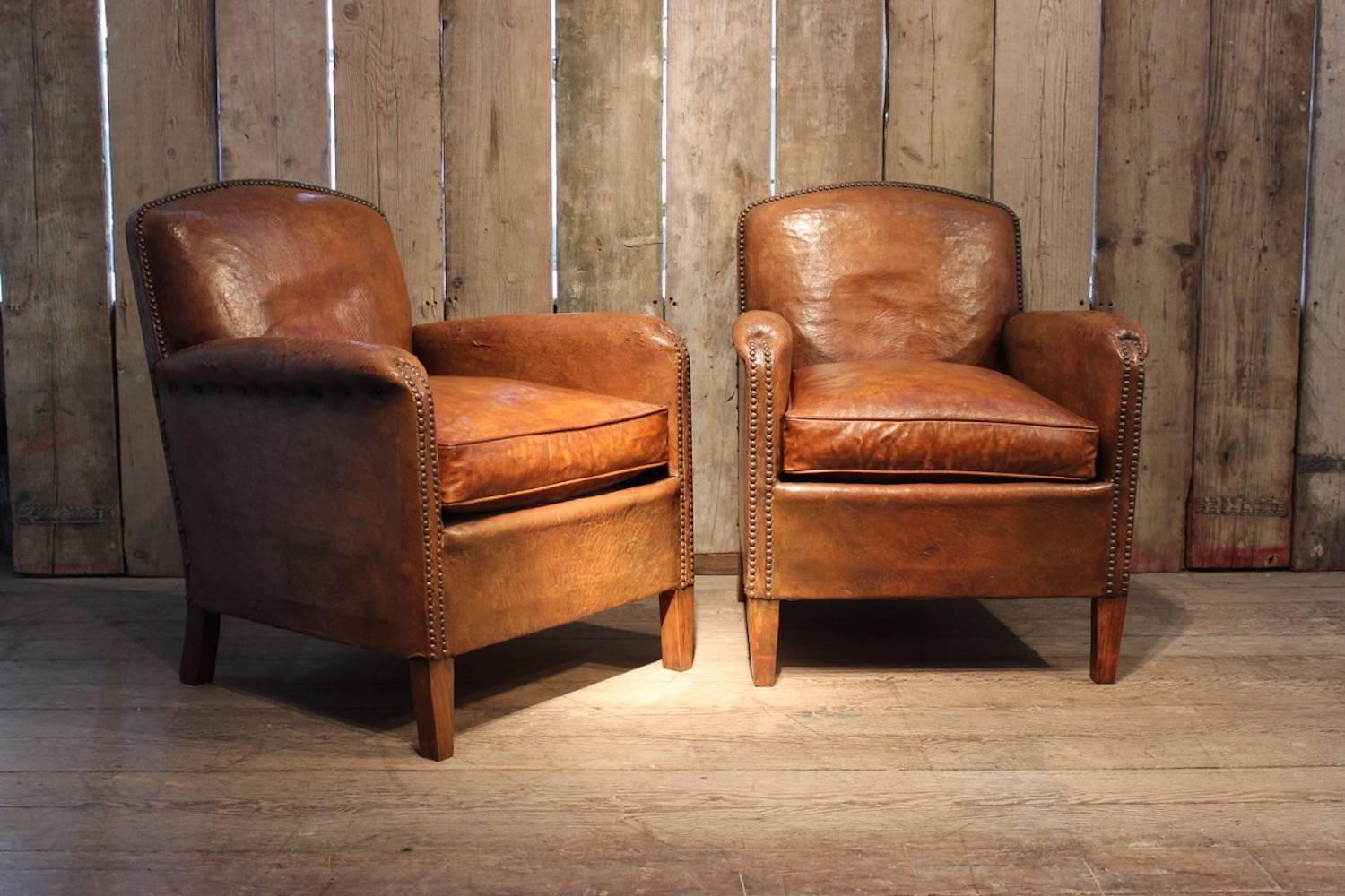 Pair of French 1930s Leather Club Armchairs 1