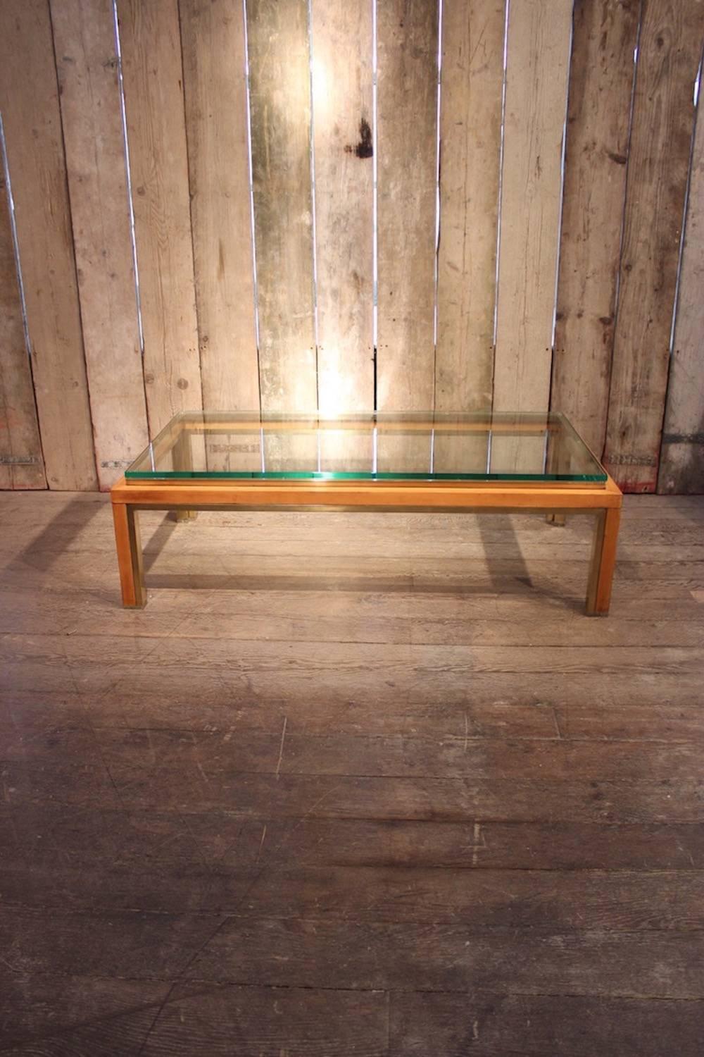 A good quality brass, sycamore and glass coffee table with lucite-tipped legs, Italian, 1970s.
