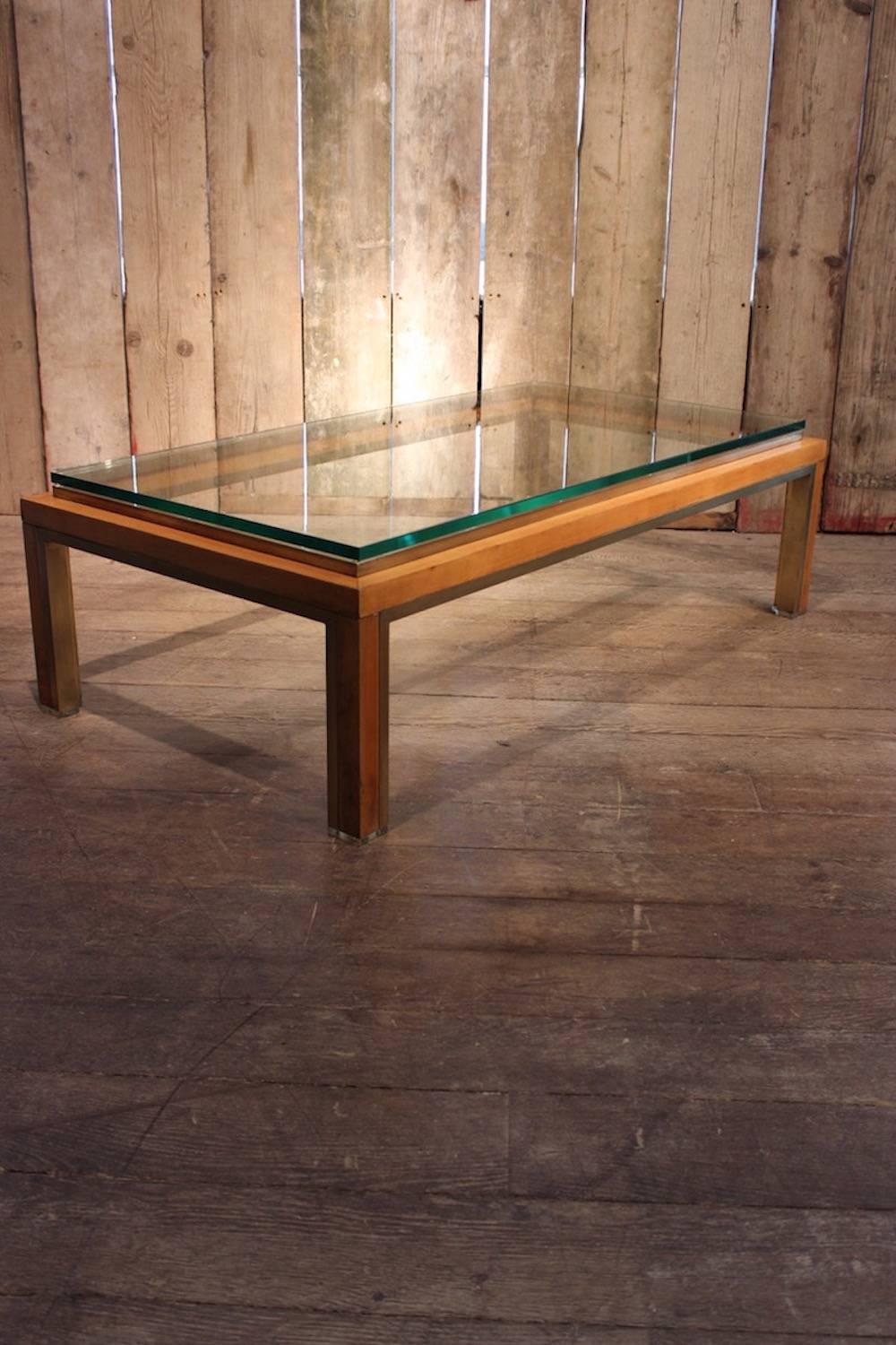 Italian, 1970s Sycamore and Brass Coffee Table 1