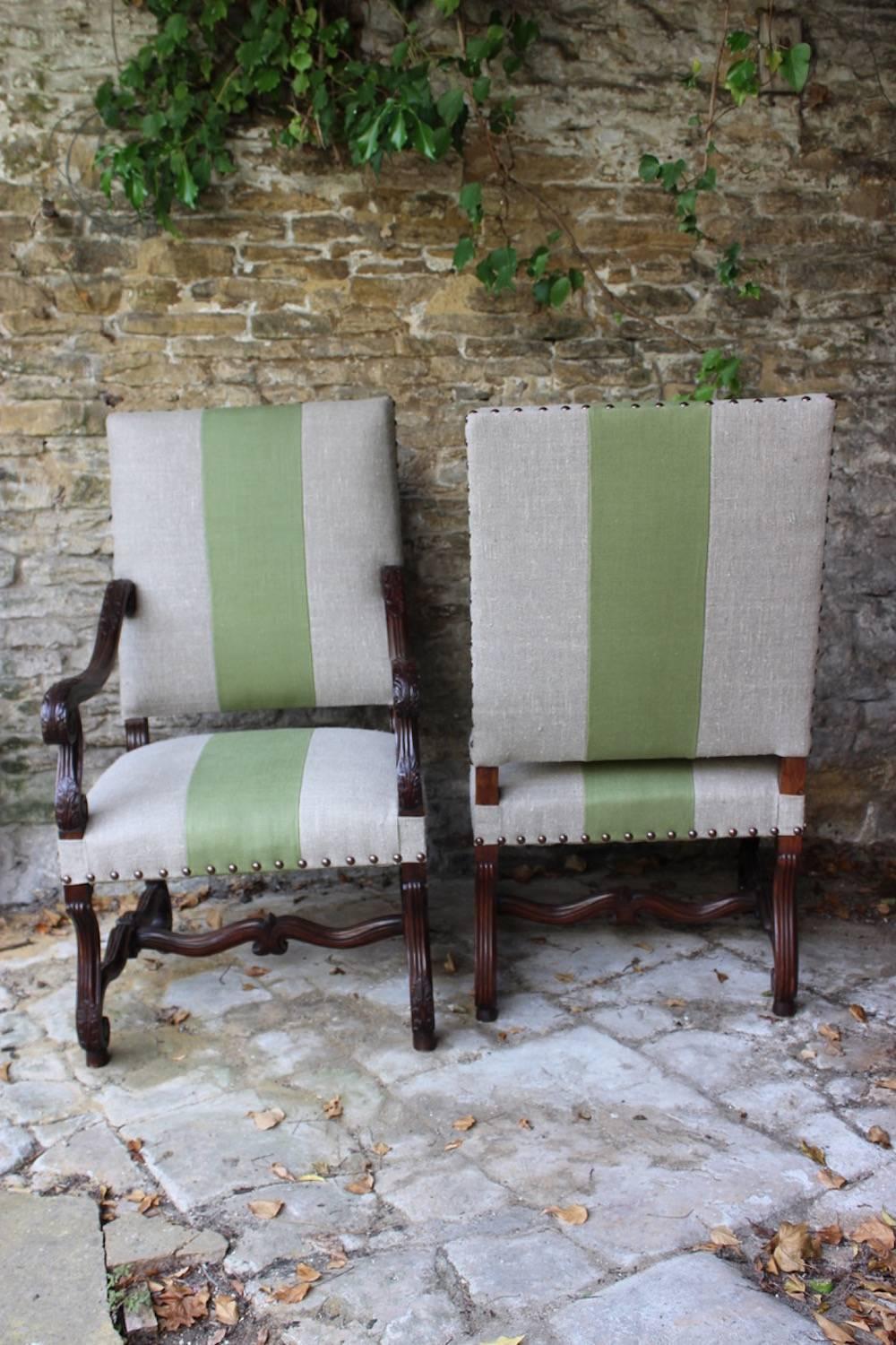 Linen Pair of 19th Century Louis XIV Style Carved Walnut Fauteuils