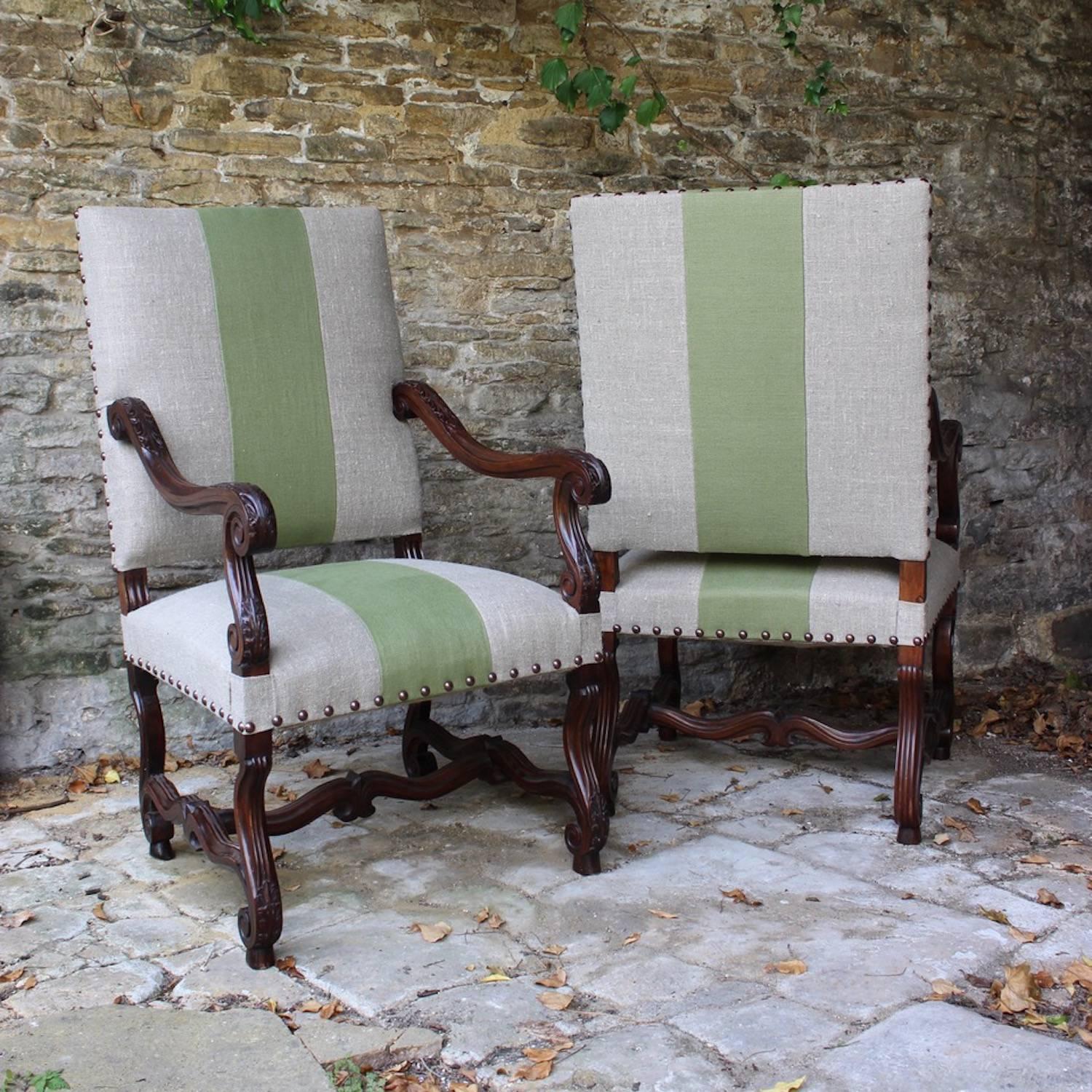 Pair of 19th Century Louis XIV Style Carved Walnut Fauteuils 1