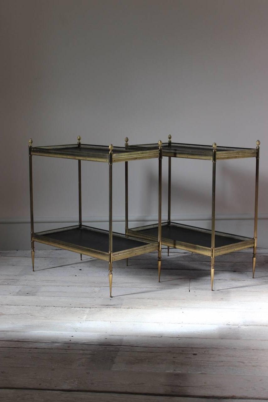 A good pair of mid-20th century gilt-brass and gilt-tooled leather sofa tables that would work well in either a classic or contemporary setting, French, 1950s.
   