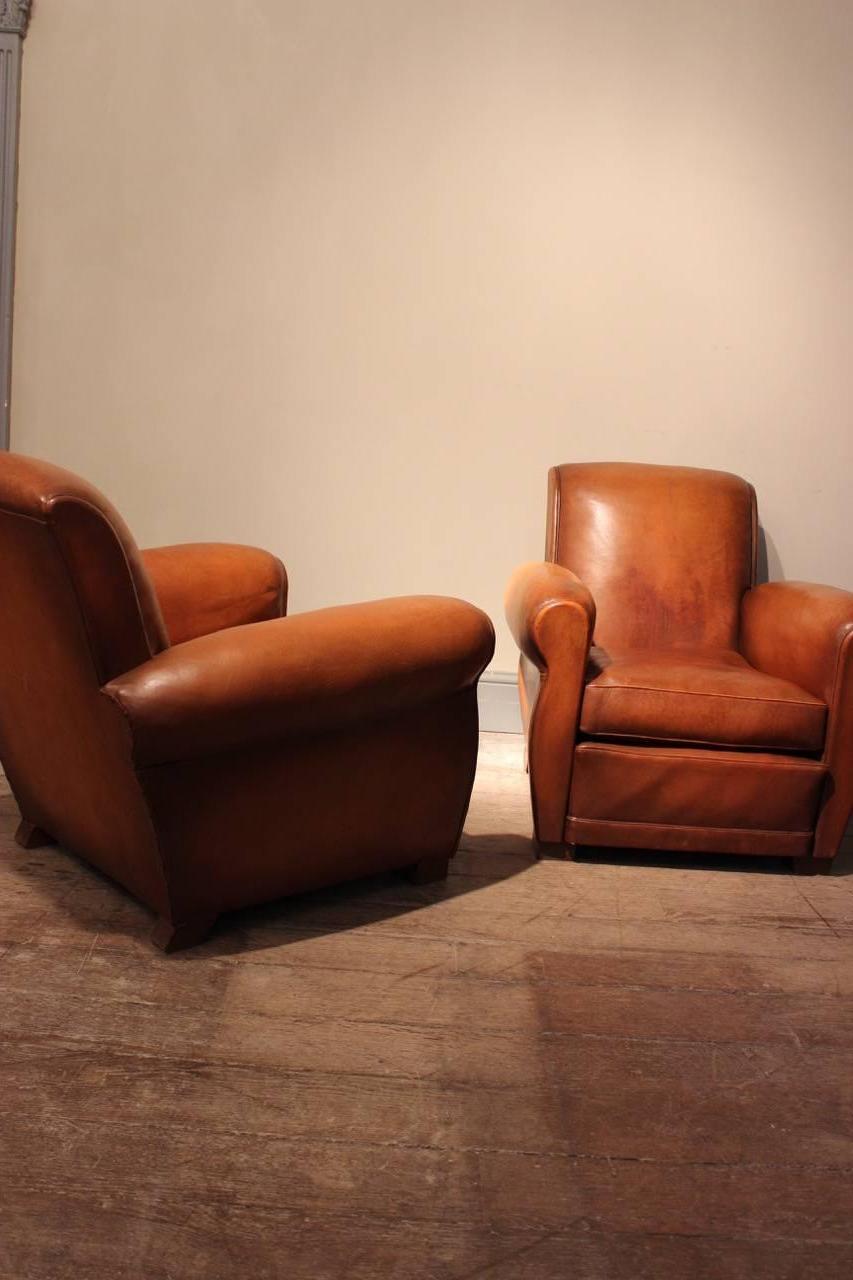 Classic Pair of 1950s French Leather Club Chairs 1
