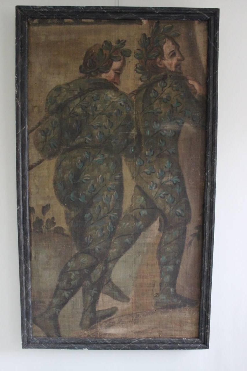 A wonderful late 19th-early 20th century Spanish oil on canvas depicting two male theatrical figures in leaf-adorned costumes, in a faux-marble frame.