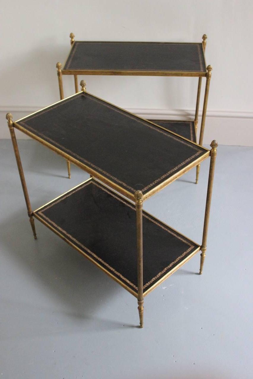 Neoclassical Revival Fine Pair of 1940s Brass and Leather Occasional Tables