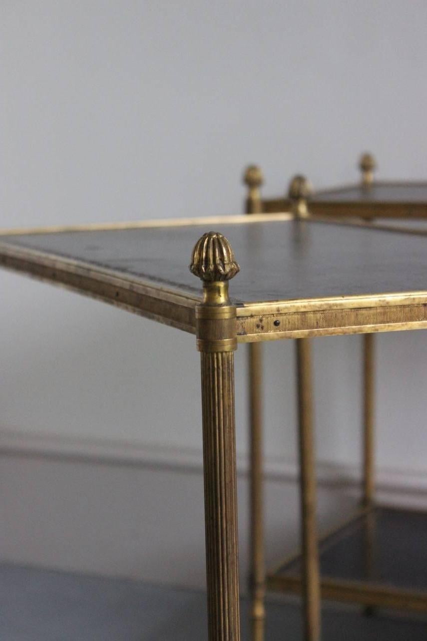 French Fine Pair of 1940s Brass and Leather Occasional Tables