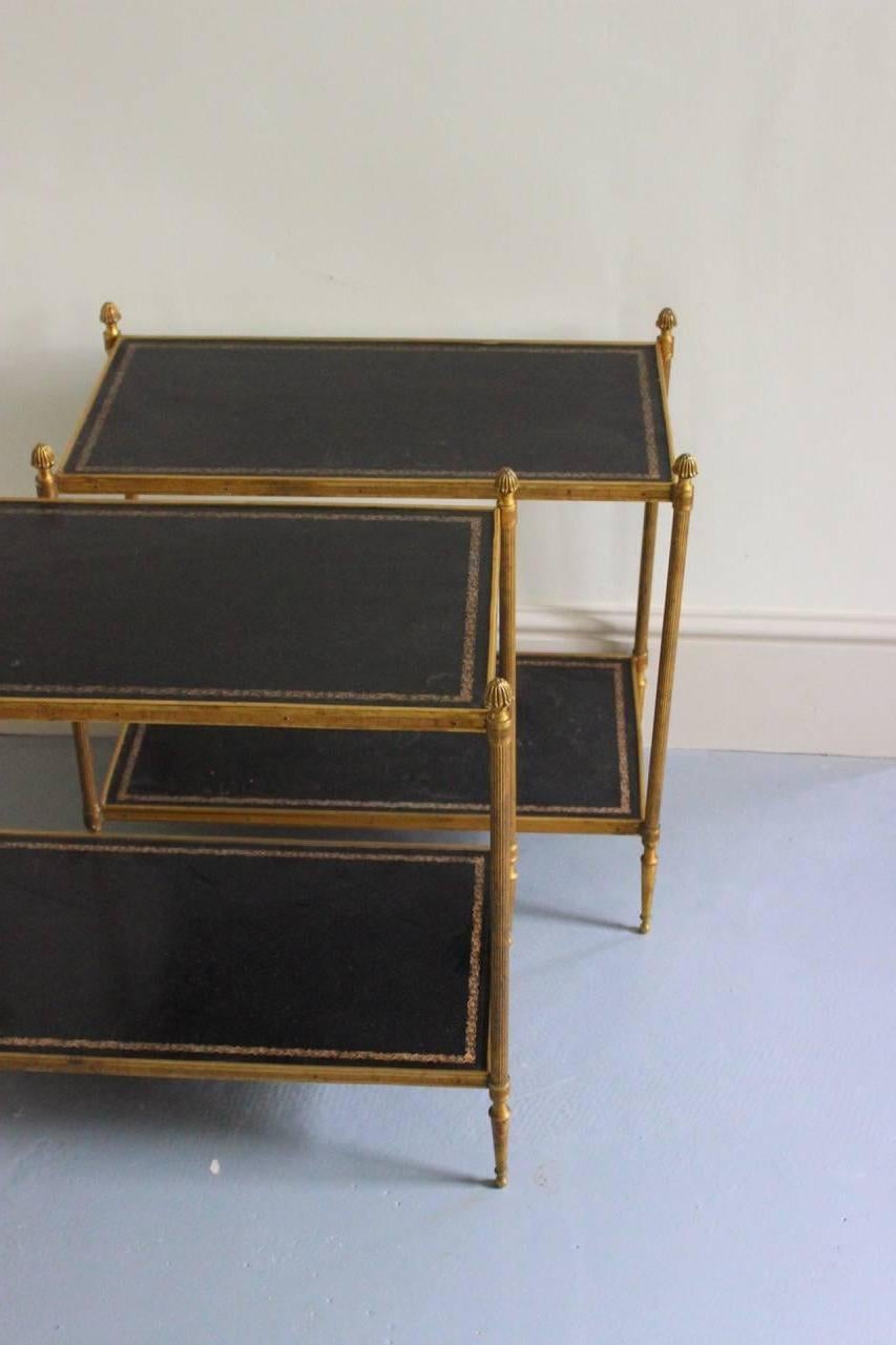 20th Century Fine Pair of 1940s Brass and Leather Occasional Tables