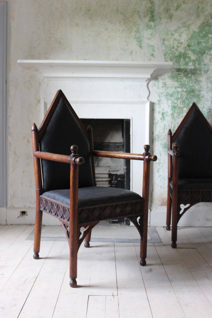 Pair of 19th Century Gothic Oak English Armchairs 3