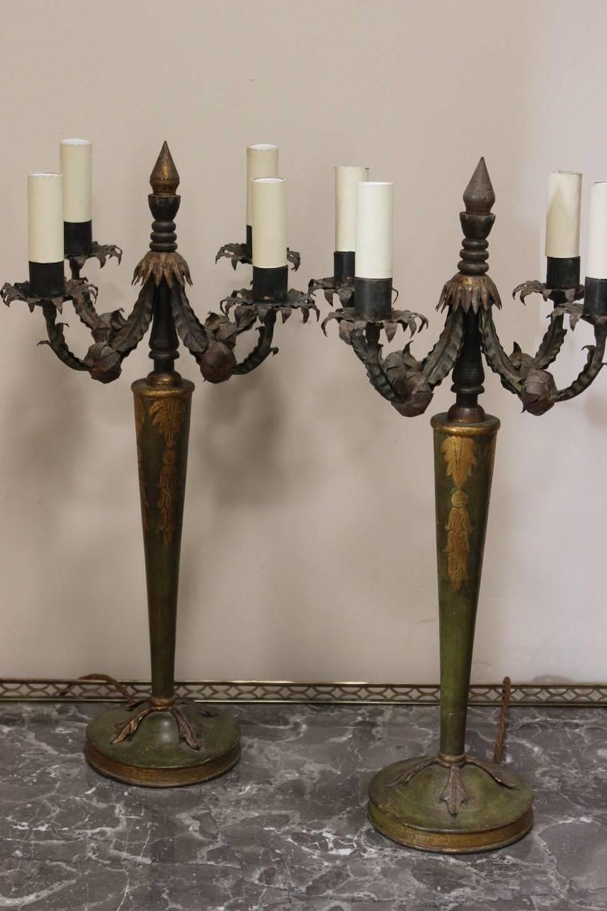 Metal Pair of 1930s Italian Painted Table Lamps For Sale