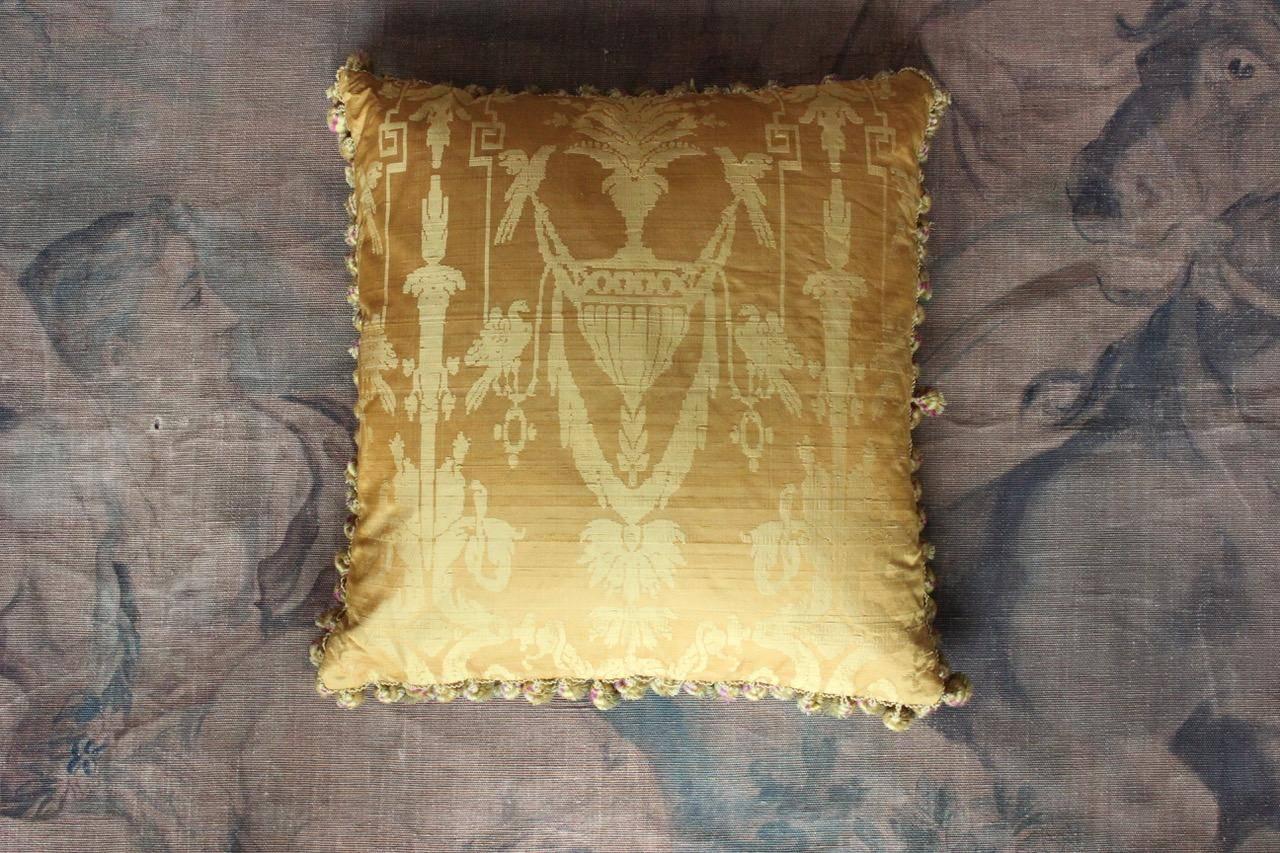 Fine 19th Century French Silk Damask Cushion 1