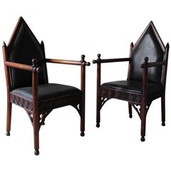 Pair of 19th Century Gothic Oak English Armchairs