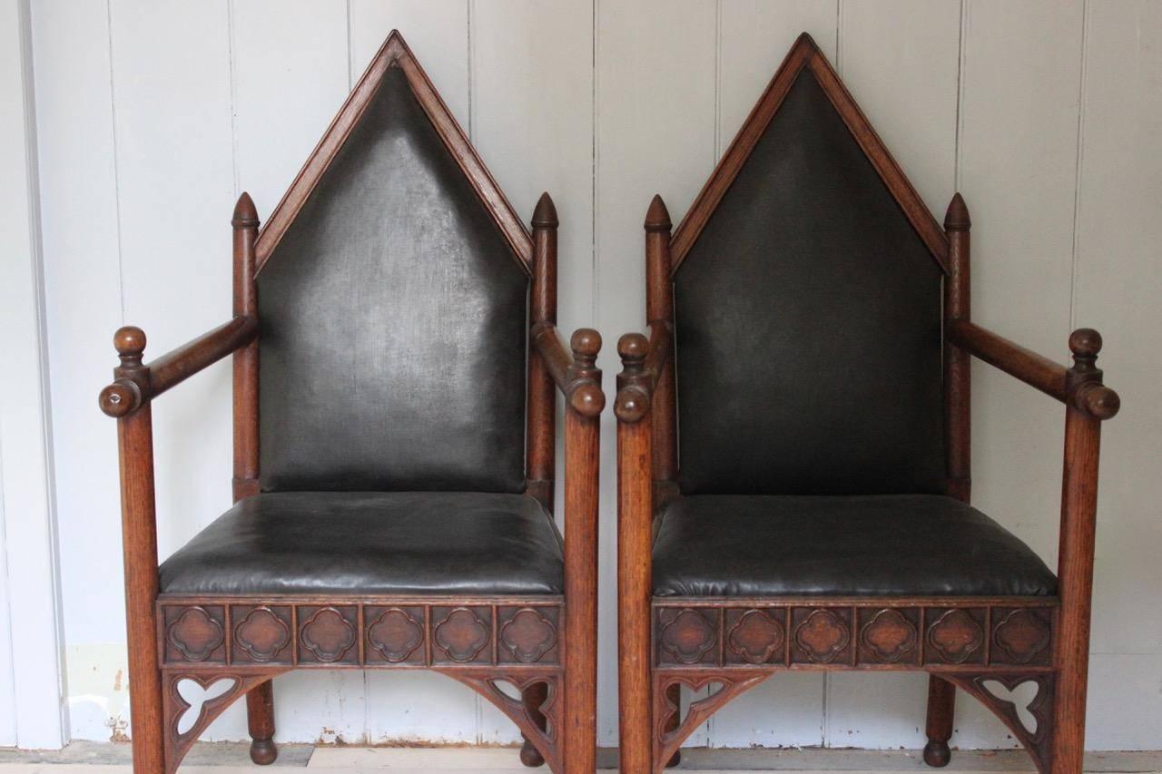 Pair of 19th Century Gothic Oak English Armchairs 1