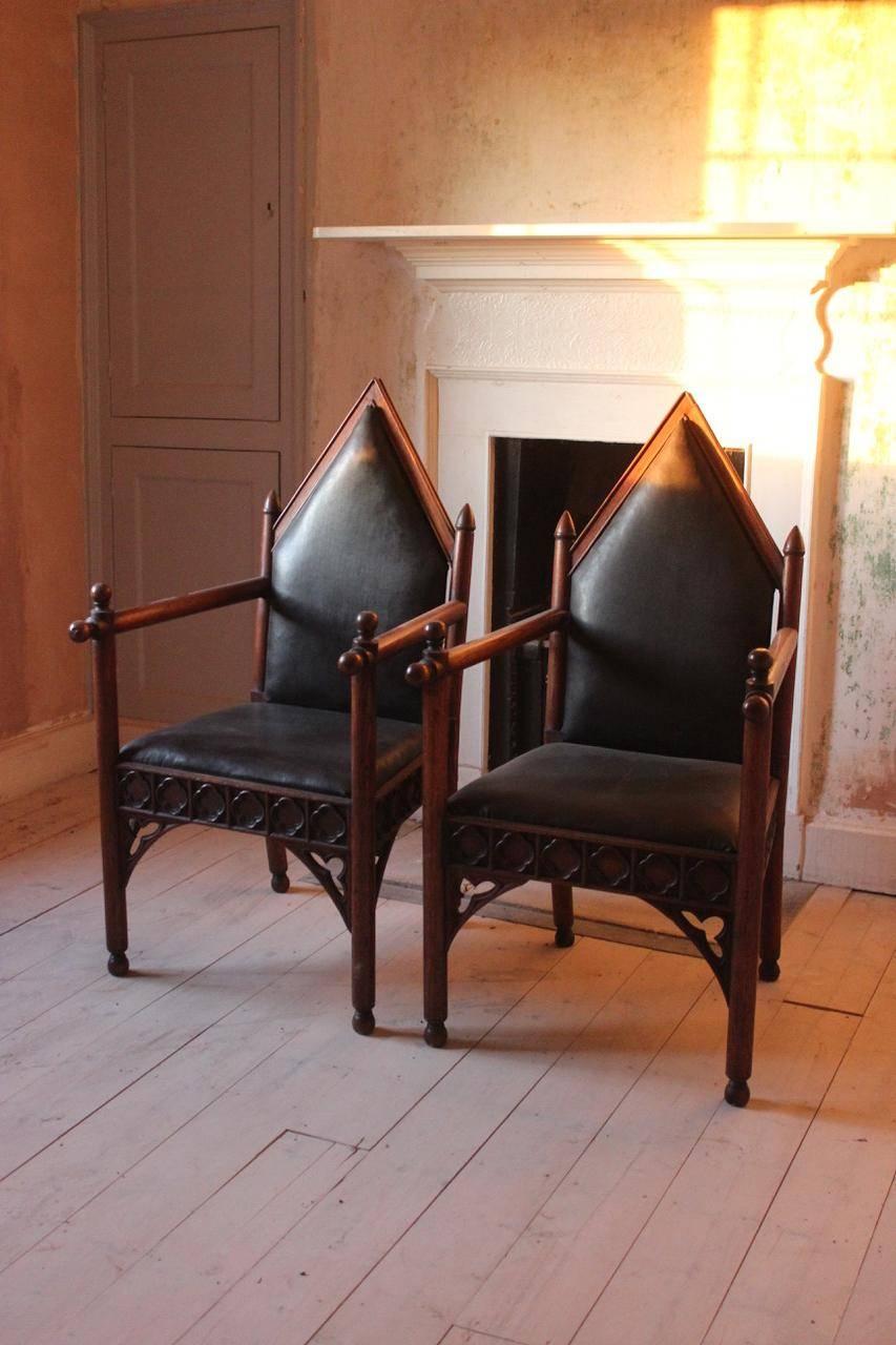 Pair of 19th Century Gothic Oak English Armchairs 4