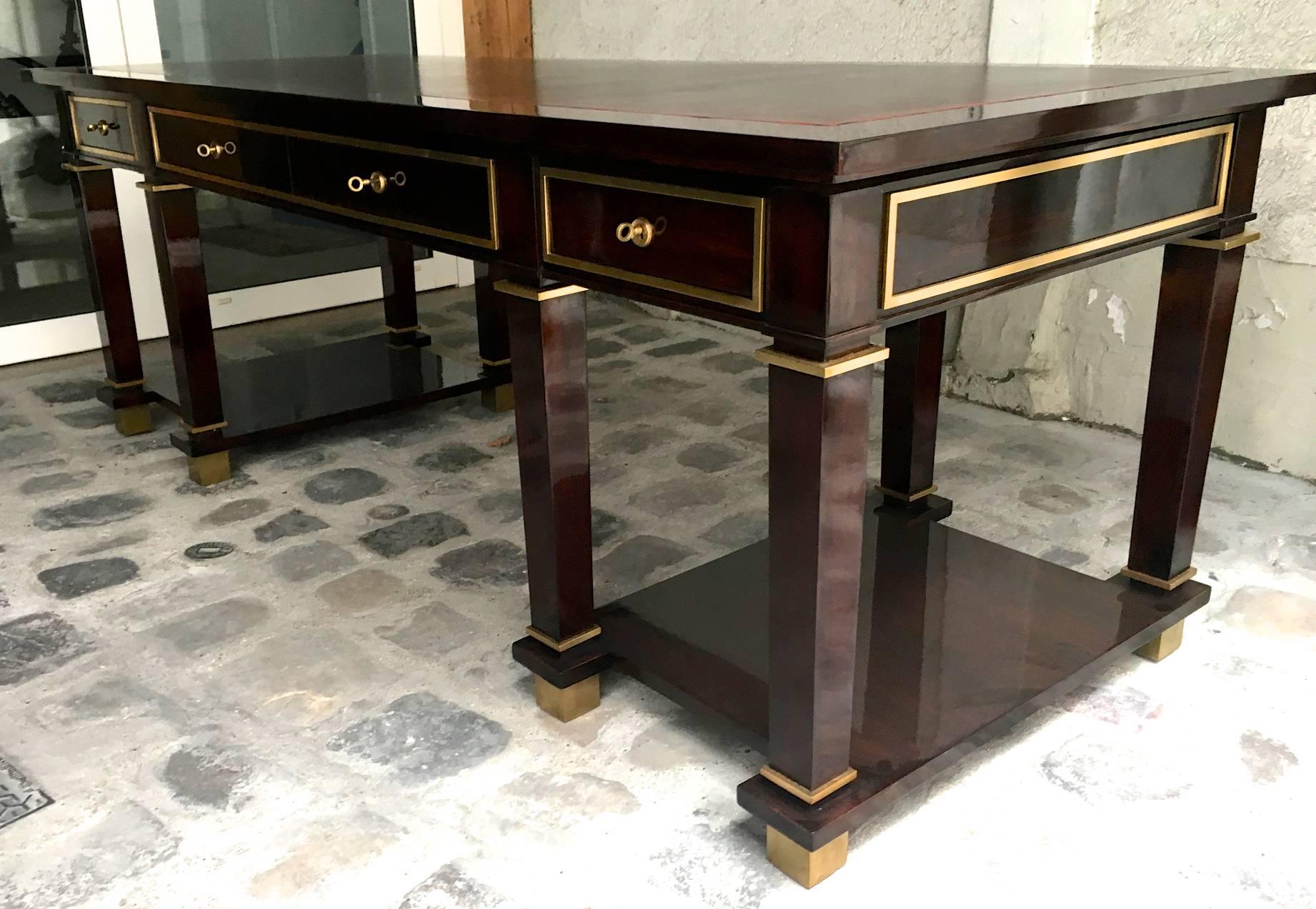 Jacques Adnet exceptional quality neoclassic large president desk with leather top, four drawers and gold bronze hardware,
same model was made for president of French Republic Vincent Auriol
in the 1950s.