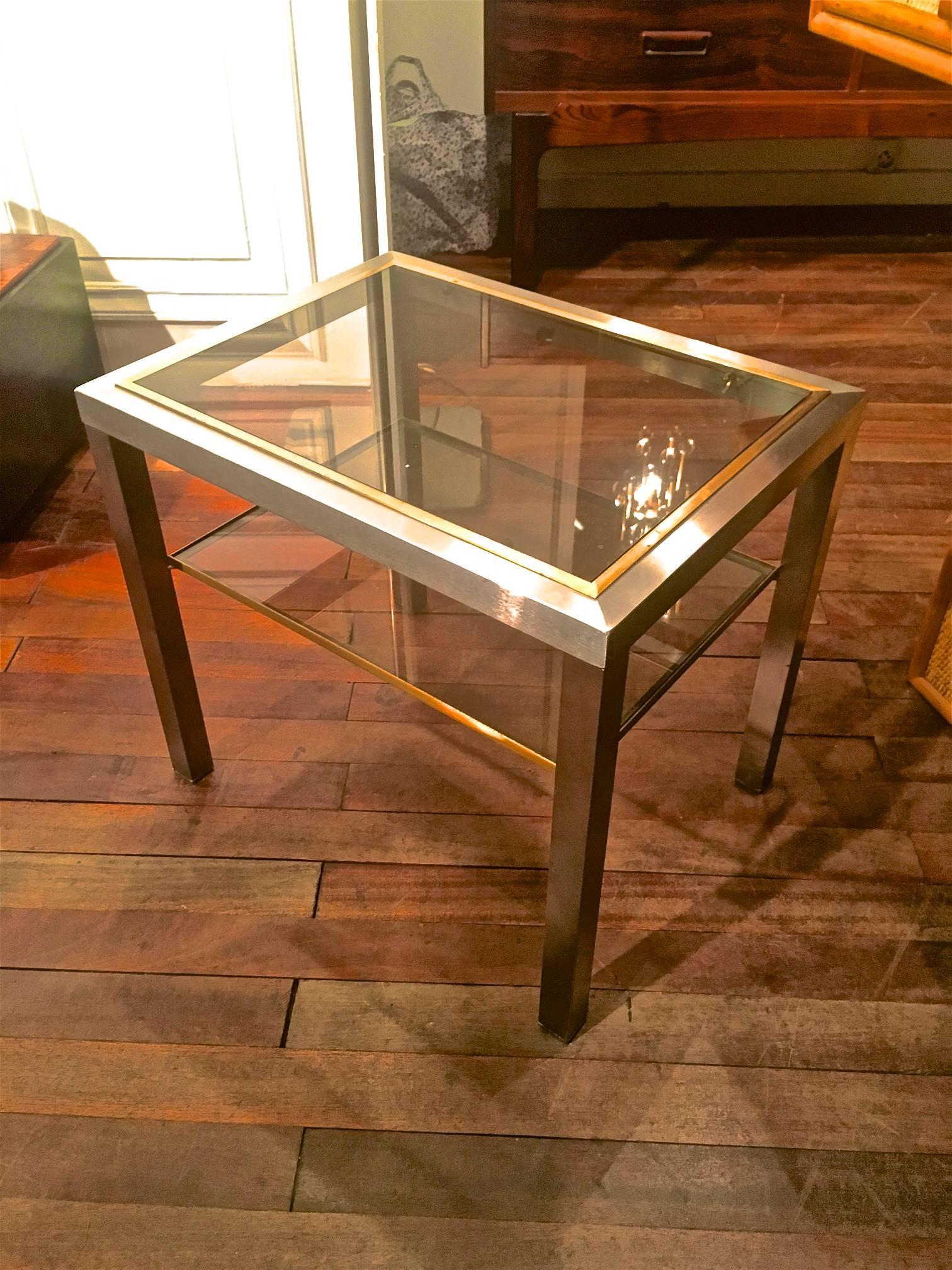 Guy Lefevre pair of pure two tiers side table in brushed steel and bronze.