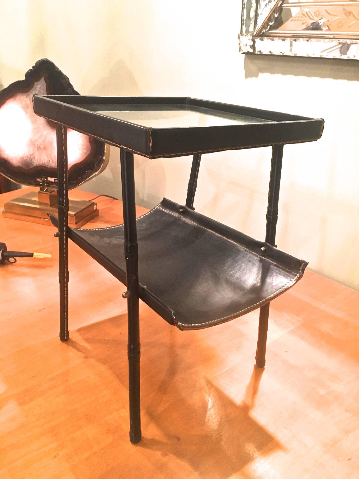 French Jacques Adnet Two-Tier Side Table and Magazine Rack in Black Leather For Sale