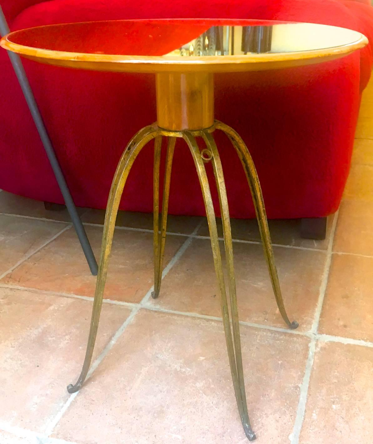 Rene Prou rare refined pair of side table in sycamore and gold leaf wrought iron
with mirror top.