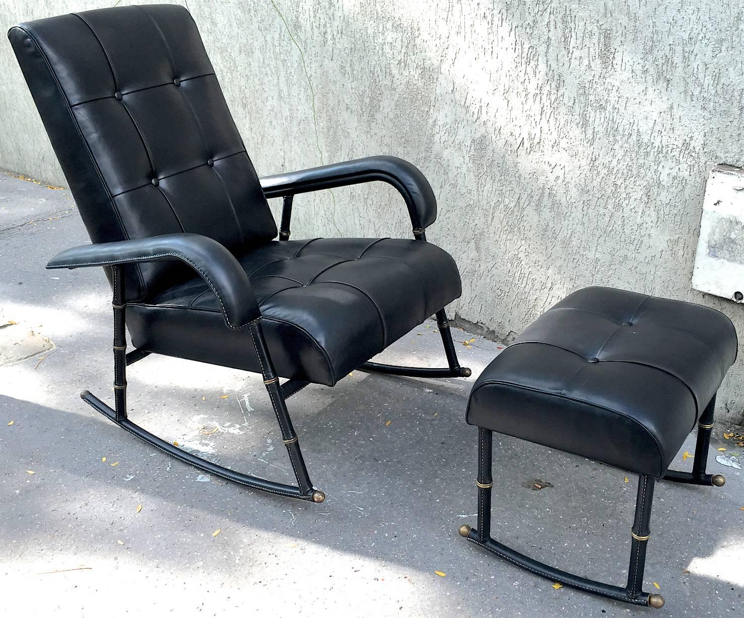 Jacques Adnet rare rocking chair and footstool in black hand-stitched leather.