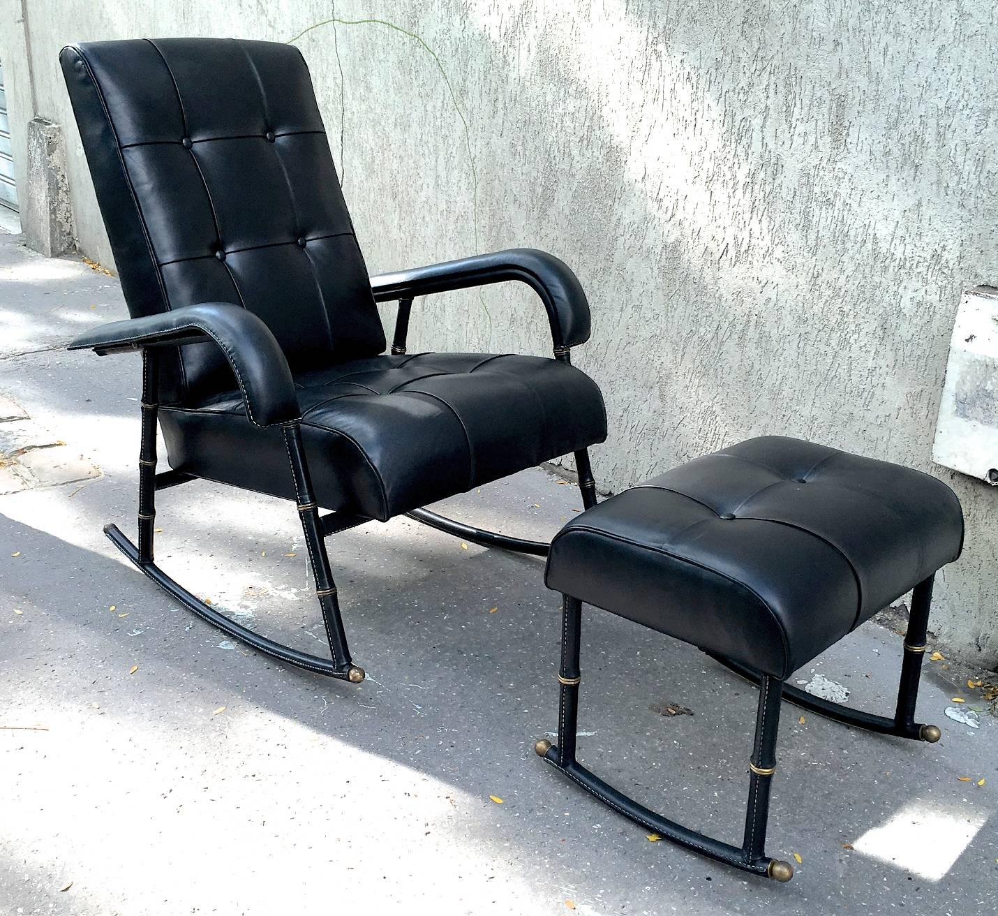 Jacques Adnet Rare Rocking Chair and Footstool in Black Hand-Stitched Leather For Sale 4